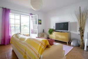 een woonkamer met een bank en een tv bij Beach House - Mountain And Ocean in Ribeira Seca do Porto