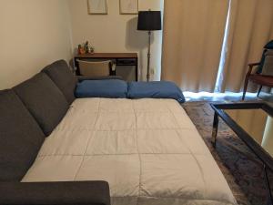 a couch with a blanket on it in a living room at Shortest Walk to Shands and UF Health - Quiet, Equipped, Reliable - Free Parking in Gainesville