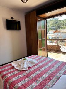 a bedroom with a bed and a tv and a window at Pousada da Brigida in Campos do Jordão