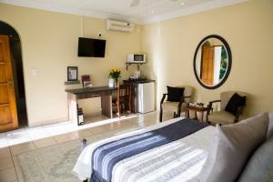 a bedroom with a bed and a desk and a mirror at Franka Guesthouse in Rustenburg