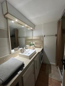 a bathroom with a sink and a washing machine at Playa Del Sol Moderne Clim Vélo in Sainte-Marie-la-Mer