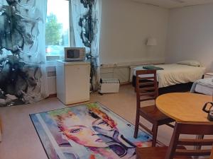 a living room with a bed and a rug on the floor at Hostel Yöpöllö in Kouvola +13 photos