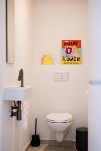 a white bathroom with a toilet and a sink at Madame Sardine in Ostend +8 photos