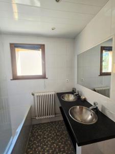 Un baño con dos lavabos y un espejo. en Tignes le Lac, vue sur la Grande Motte, en Tignes
