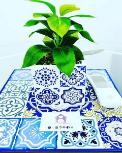 a plant in a blue and white pot on a table at Donn'Anna Naples City Center in Naples