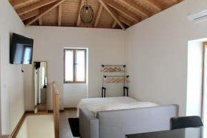 a bedroom with a bed and a couch and a tv at Villa Barbosa in Quintiães
