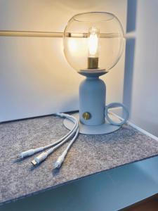 a table with a lamp and two pens on it at Lichtblick Dähre in Dähre