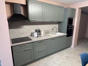 a kitchen with gray cabinets and a sink and a stove at Gite accueillant et confortable in Etreux +13 photos