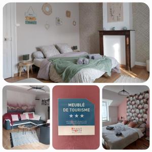 a collage of three pictures of a bedroom with a bed at Les 4 Fils Aymon in Bogny Sur Meuse