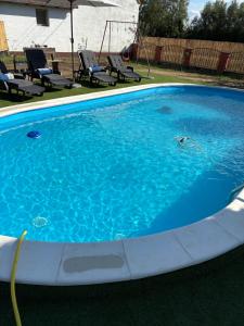 a large blue pool with a hose in a yard at Royali in Sredanci