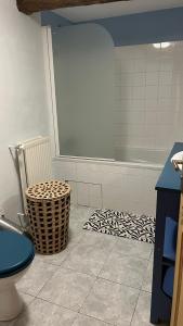 a bathroom with a toilet and a rug on the floor at Longère proche St Jacut de la mer Côtes d'Armor in Bourseul