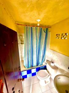 a small bathroom with a toilet and a curtain at Wayra Ecolodge in El Peñol