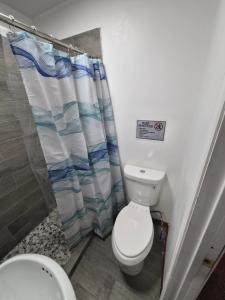 a bathroom with a toilet and a shower curtain at Hotel motel 3 in Linden +3 photos