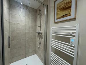a bathroom with a shower and a glass door at Appartement Caen proche Gare in Caen