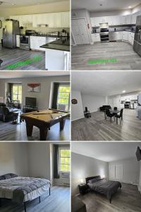 Cuatro fotografías de una cocina y una sala de estar con una mesa de billar. en The Southbury Duo Apartments, en Southbury