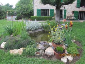 a garden with a pond and flowers in the yard at La Grange aux Livres in Mouzieys-Panens