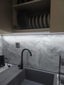 a kitchen with a sink and a counter top with plates at L28 apartment in Tripoli +14 photos