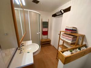 a bathroom with a sink and a shower and towels at Chalupa Rozinka in Chřibská