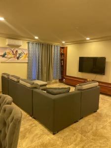 a living room with a couch and a flat screen tv at W&J Luxury Home Plaza in Trofwi