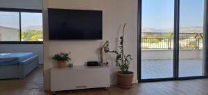 a living room with a flat screen tv on a wall at Mountain view in Dafna in Metsudat Menahem Ussishkin Alef