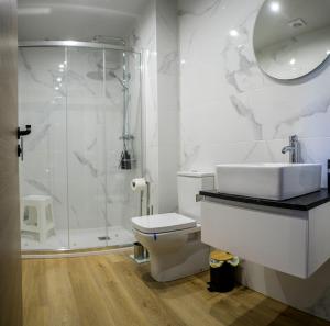 a bathroom with a toilet and a sink and a shower at Apartamentos El Puente in Covarrubias