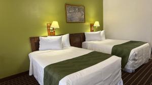 Dos camas en una habitación de hotel con paredes verdes. en Executive Inn, en Warner Robins