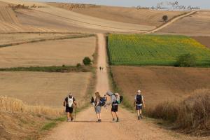 a group of people walking down a dirt road at Bed in mixed room of 3 to 4 or private room for 3 to 4 in Zizur Mayor