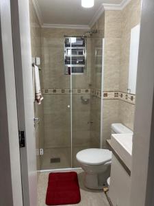 une salle de bain avec toilettes et douche en verre dans l'établissement Prático e Aconchegante, à Porto Alegre