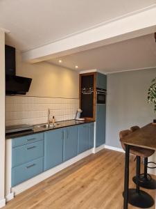 a kitchen with blue cabinets and a wooden table at Hofstay Twente in Goor