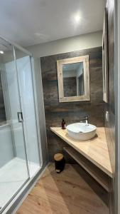 a bathroom with a sink and a mirror and a shower at Ty Glaz - Maison Bord de mer avec jardin, proche plage in Roscoff +14 photos