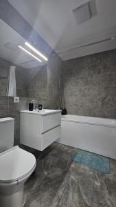 un bagno con un water, un lavandino e una vasca di Apartament Alb&Negru a Sebeş