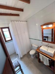 a bathroom with a sink and a toilet and a mirror at Casa-Quinta Citrino - Viña, Buenos Aires in Viña