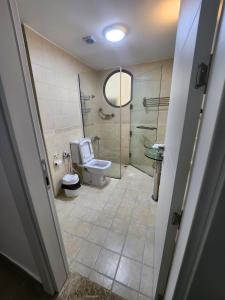 a bathroom with a toilet and a shower and a sink at One bed room at Talabay Aqaba in Aqaba