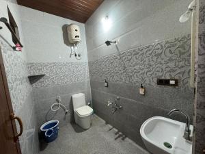 une salle de bain avec toilettes et lavabo dans l'établissement Manuvan home stay ac cottage, à Kushalanagar 18 autres photos