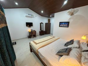 une chambre avec un grand lit et une télévision dans l'établissement Manuvan home stay ac cottage, à Kushalanagar