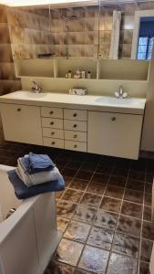 a bathroom with a sink and a mirror at Room in cosy traditional swiss house 
