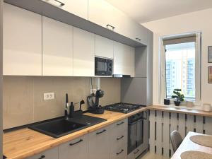 a kitchen with white cabinets and a black sink at Nivara Nest in Chiajna