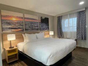 Un dormitorio con una cama y dos cuadros en la pared. en Days Inn by Wyndham Sulphur Springs, en Sulphur Springs