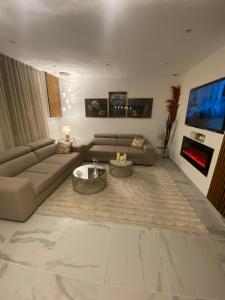 a living room with a couch and a tv at Maison avec piscine chauffée jacuzzi a1 heure paris 10 mn du centre ville in Saran