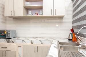 a kitchen with a sink and a microwave at Premium Prestige Apartment in Apenkwa +3 photos