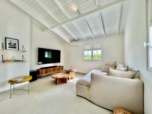 a living room with a couch and a flat screen tv at Villa Les Oliviers - Élégance & Sérénité in Les Terres Basses