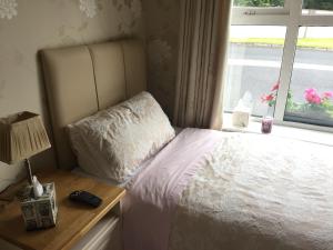 a bedroom with a white bed and a window at Tara Lodge Galway in Galway