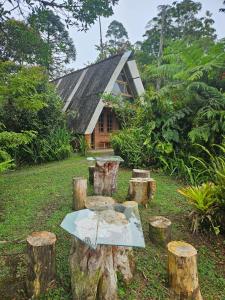 a small house with a table and some logs at Chalé Aconchegante, Tapiraí-SP in Tapiraí