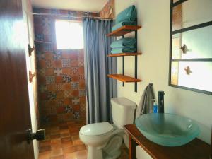 ein Badezimmer mit Toilette und Glaswaschbecken in der Unterkunft El Bello Jardín de Chela in Guanajuato