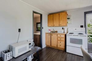 une cuisine avec une cuisinière blanche et un micro-ondes dans l'établissement 2-Bedroom Cottage with Stunning View - Rockwood #6, à Dillon