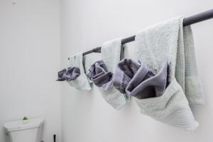 a row of towels hanging on a towel rack next to a toilet at Spacious 3BR Family Flat Near Encore Assembly Row in Somerville