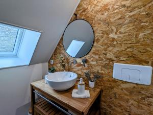 une salle de bain avec un lavabo et un miroir dans l'établissement Evasion et nature près de Châteauroux, logez au cœur du Berry - FR-1-591-763, à Meunet-Planches 21 autres photos