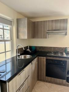 a kitchen with a sink and a stove top oven at WaraWara Mini resort in Jan Thiel