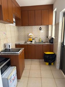a small kitchen with wooden cabinets and a sink at The white cottage in Kitengela  +9 photos