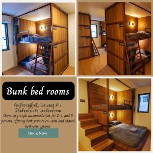three pictures of a room with bunk beds and stairs at hotel Rue de Saim in Bang Rak